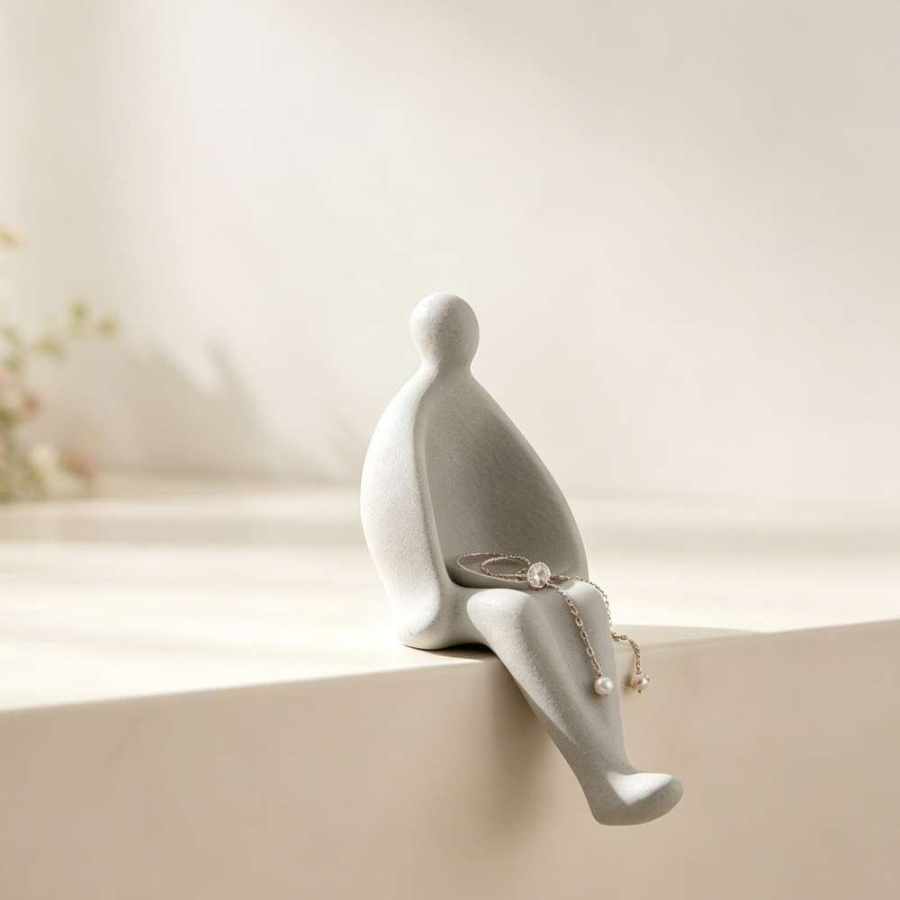 3D Printing Ring Holder - 3Dプリント製グレーの座像ジュエリーディスプレイスタンド、ミニマリスト彫刻ホルダー、指輪、ネックレス、デスクデコレーション用