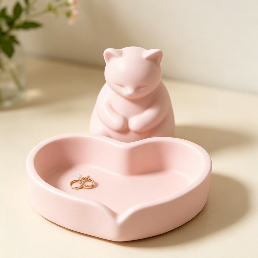 3D Printing Ring Holder - 3Dプリントされたピンクの猫とハート型のトレイ、ジュエリーディッシュ、かわいいリングホルダー、化粧台や寝室の装飾に
