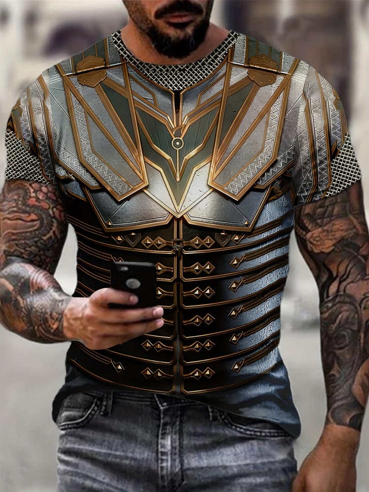 3D Printing Knight Armor - メンズ 3D プリントストリートナイトゴールド忍者鎧 Tシャツニュートラルカジュアル原宿 O ネック半袖