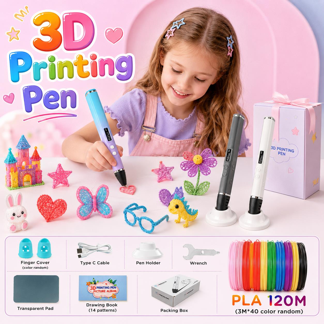 3D Printing Pen For Kids - 3Dプリントペン 子供用 Type-C充電 OLEDディスプレイ 40色 PLAフィラメント