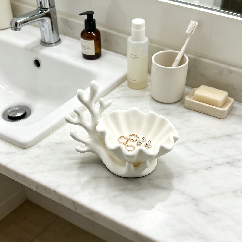 3D Printing Ring Holder - 3Dプリントされた珊瑚貝殻の飾り皿、オーシャンコースタルスタイルの収納皿、ジュエリー、指輪、鍵のホルダー、ミニマリストな貝殻彫刻の装飾品